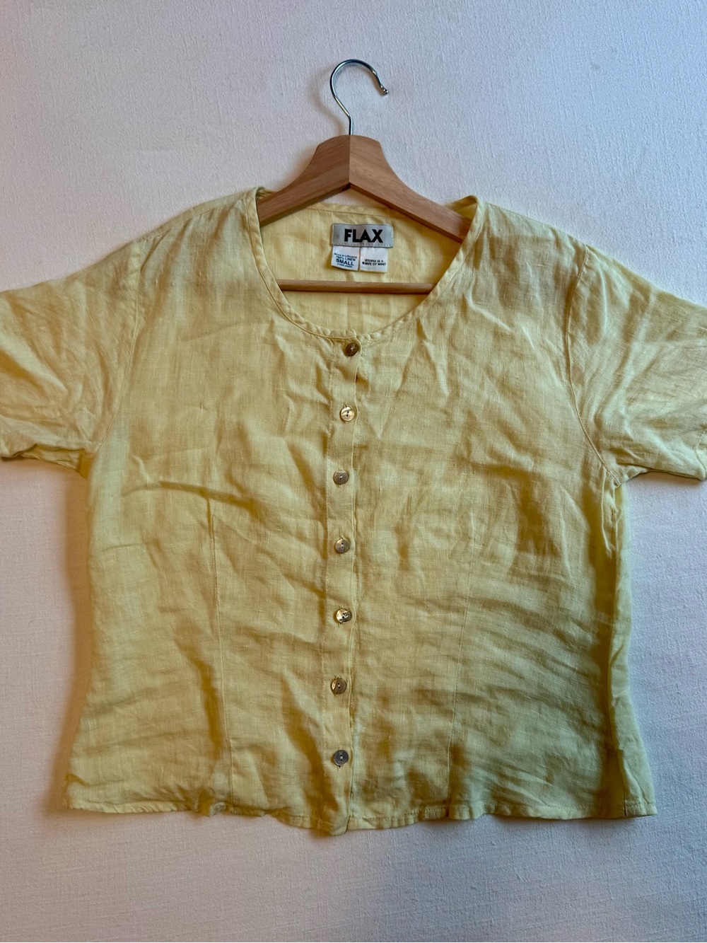 Flax Pale Yellow Linen Button-Front Top - Picture 2 of 5